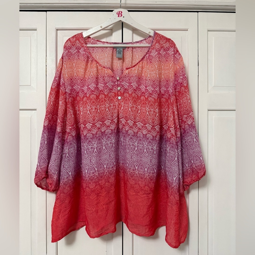 Catherine’s Pink Coral Ombré Santa Fe Peasant Top Size 3X 3/4 Sleeve Spring - Picture 2 of 7